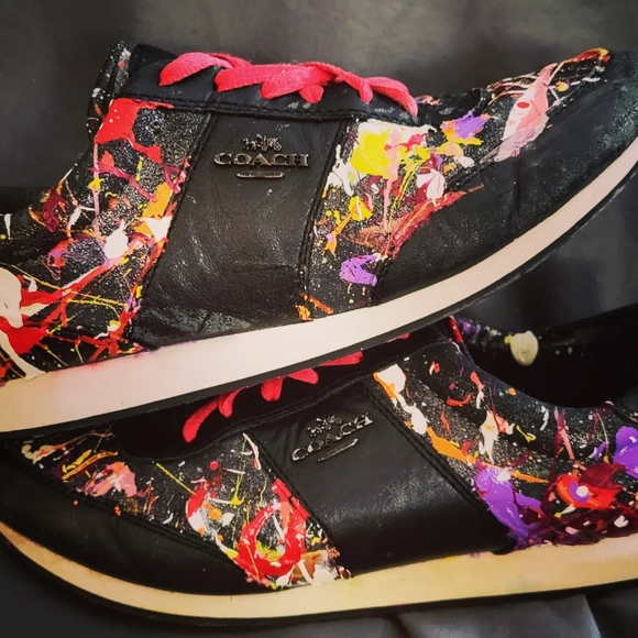 Women's COACH sneakers black with custom splatter design sz. 10B - Picture 2 of 5